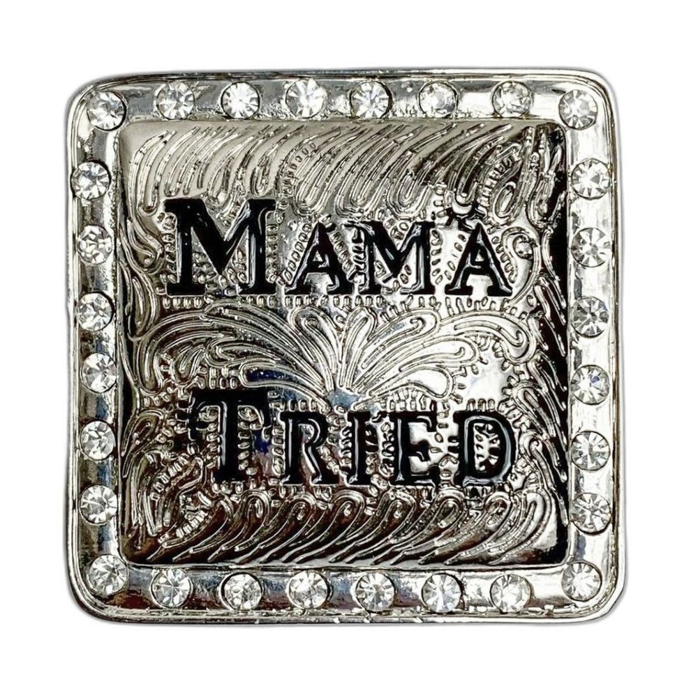 Silver "Mama Tried" with Rhinestone Bling Border Square Magnetic Clip-On Pendant